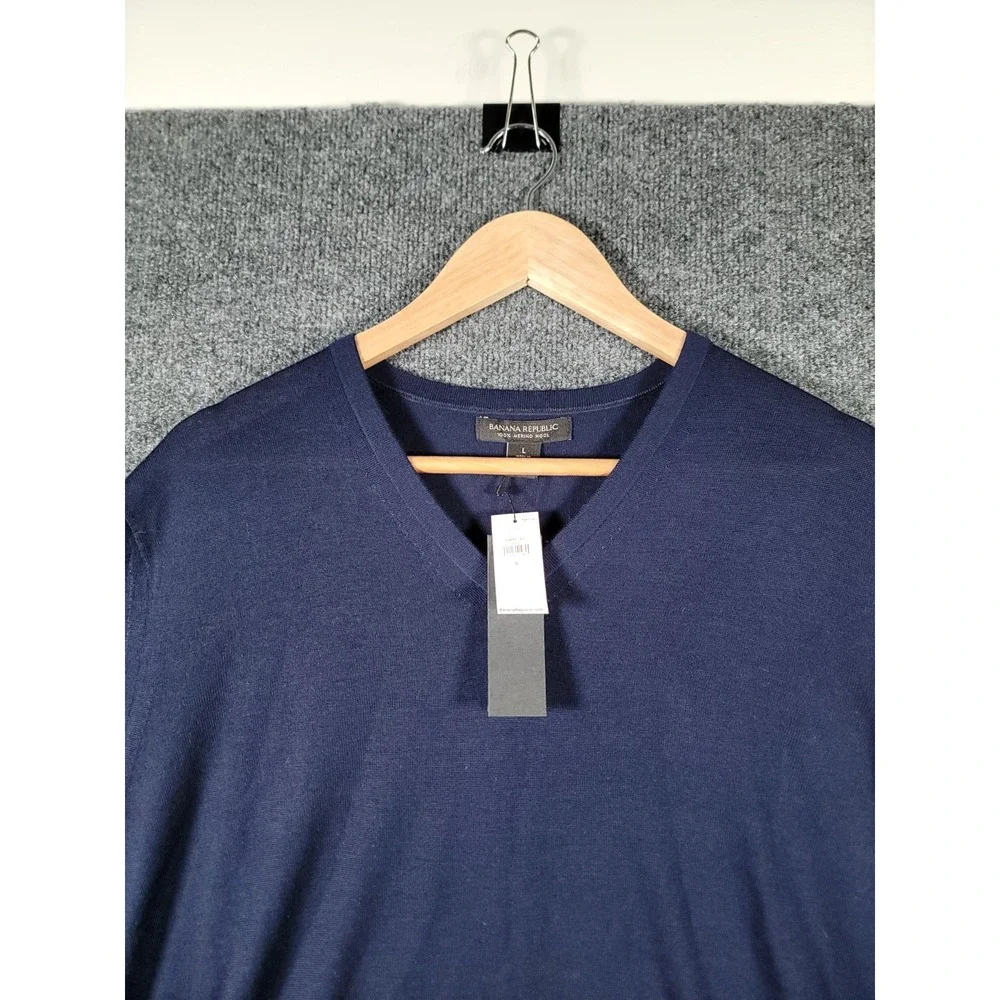 Banana Republic Mens Navy Blue 100% Extra Fine Merino Wool V-Neck Sweater Large